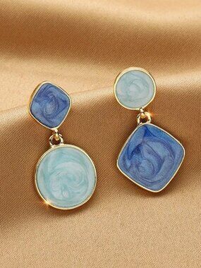 Alina Ellison Enamel Sheen Geo Dangle Earrings Blue Hues Gold Gift Packaged